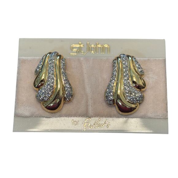 St. John Jewelry - St. John Gold-tone Pave Crystal Wave Clip-back Earrings, Vintage